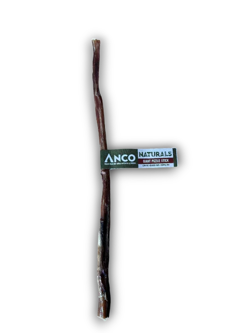Anco Naturals giant puzzle dog chew stick with natural wood texture on black background