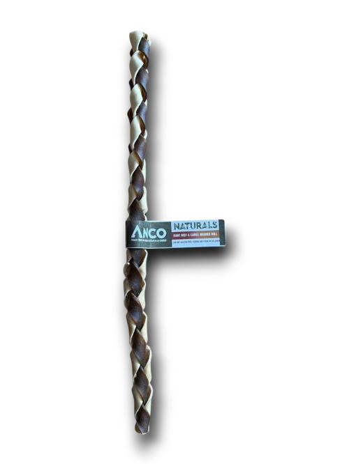 Anco Naturals 12-inch braided dog chew stick made of dried beef and camel hide