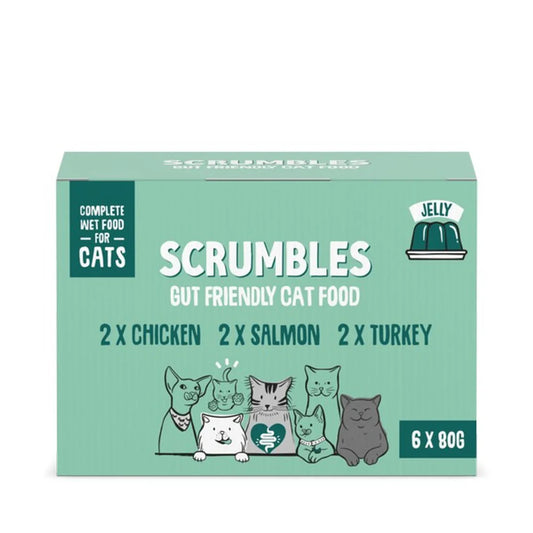 Scrumbles gut friendly wet cat food pack with 2 chicken, 2 salmon, 2 turkey jelly pouches, 6x80g